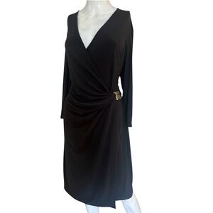 Anne Klein Black Midi Wrap Dress with Gold Accent surplice Women’s 14 Career